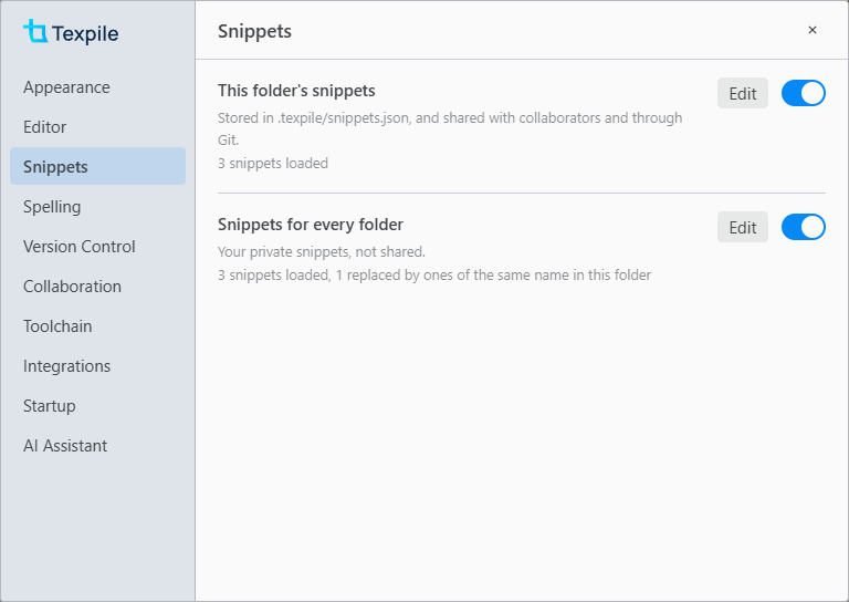 Preferences, Snippets, with a switch and an Edit button for this folder's snippets and for snippets for every folder