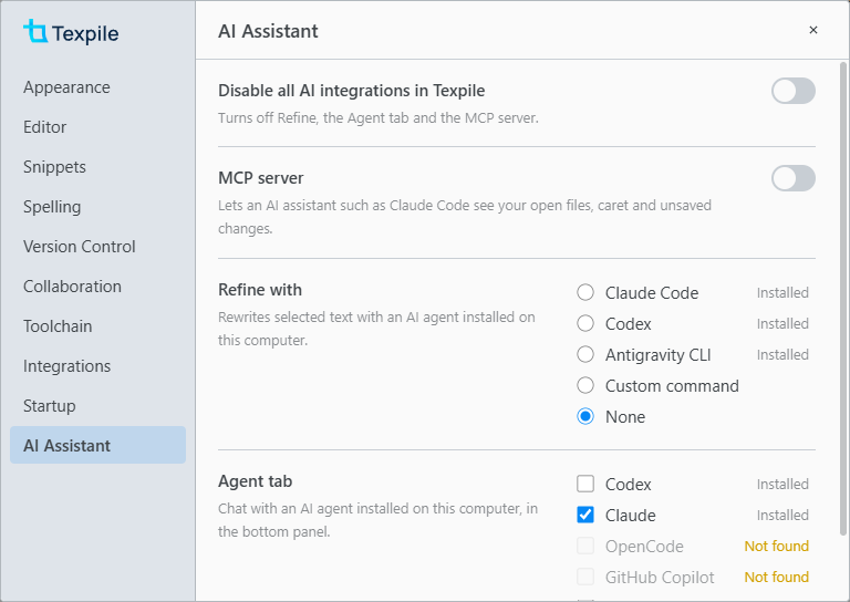 Preferences, AI Assistant, with Disable all AI integrations at the top and the Refine with and Agent tab choices