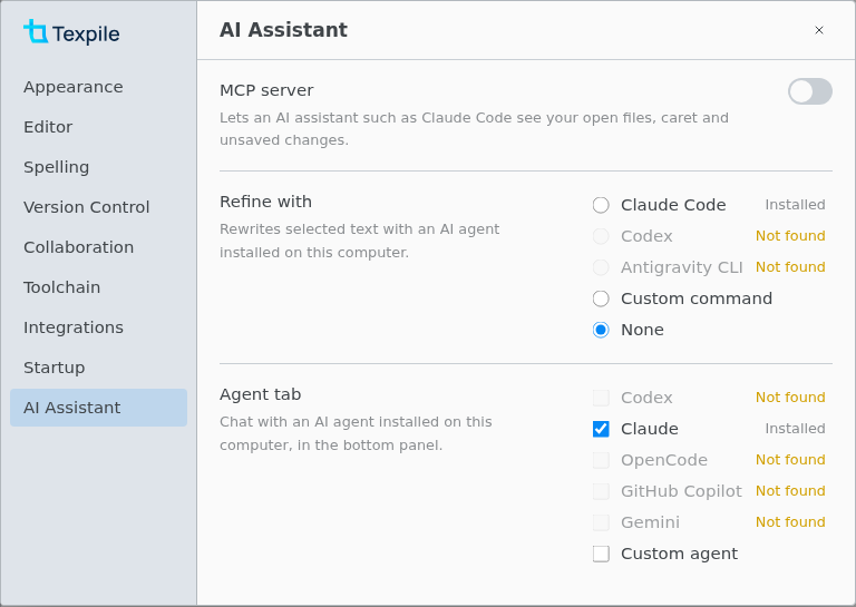 Preferences, AI Assistant, with the Refine with and Agent tab choices