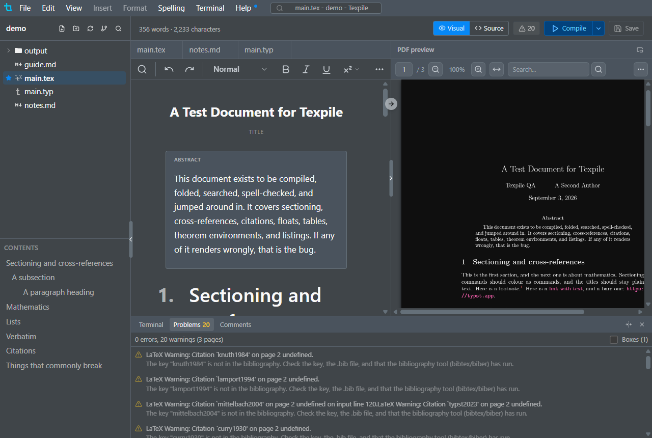 The Problems panel listing the warnings from a compile, with the PDF beside the editor