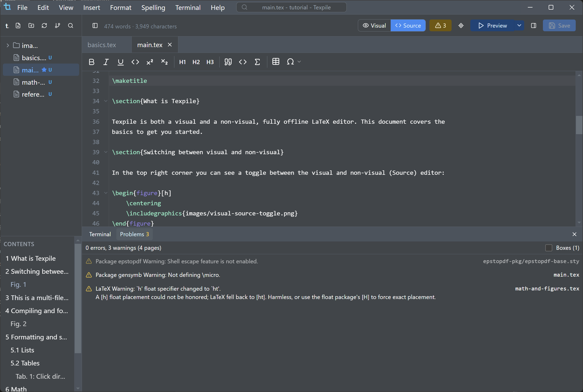 The Problems panel listing a compile error and warnings