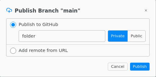 The Publish Branch dialog with Publish to GitHub