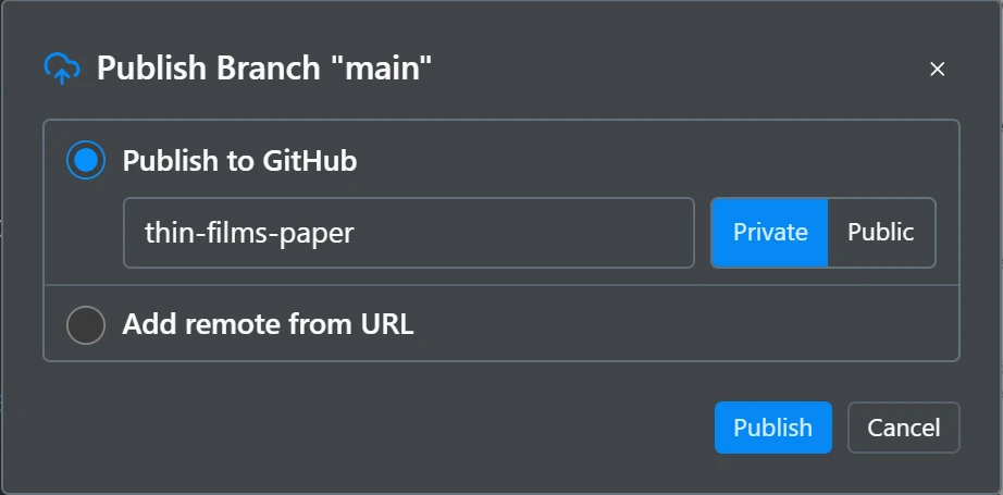 The Publish Branch dialog with a repository name and Private selected