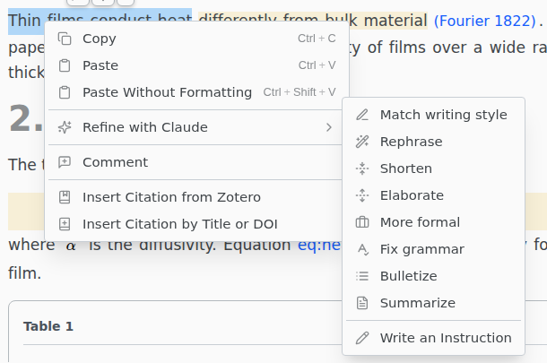 The right-click menu on selected text with the list of Refine actions
