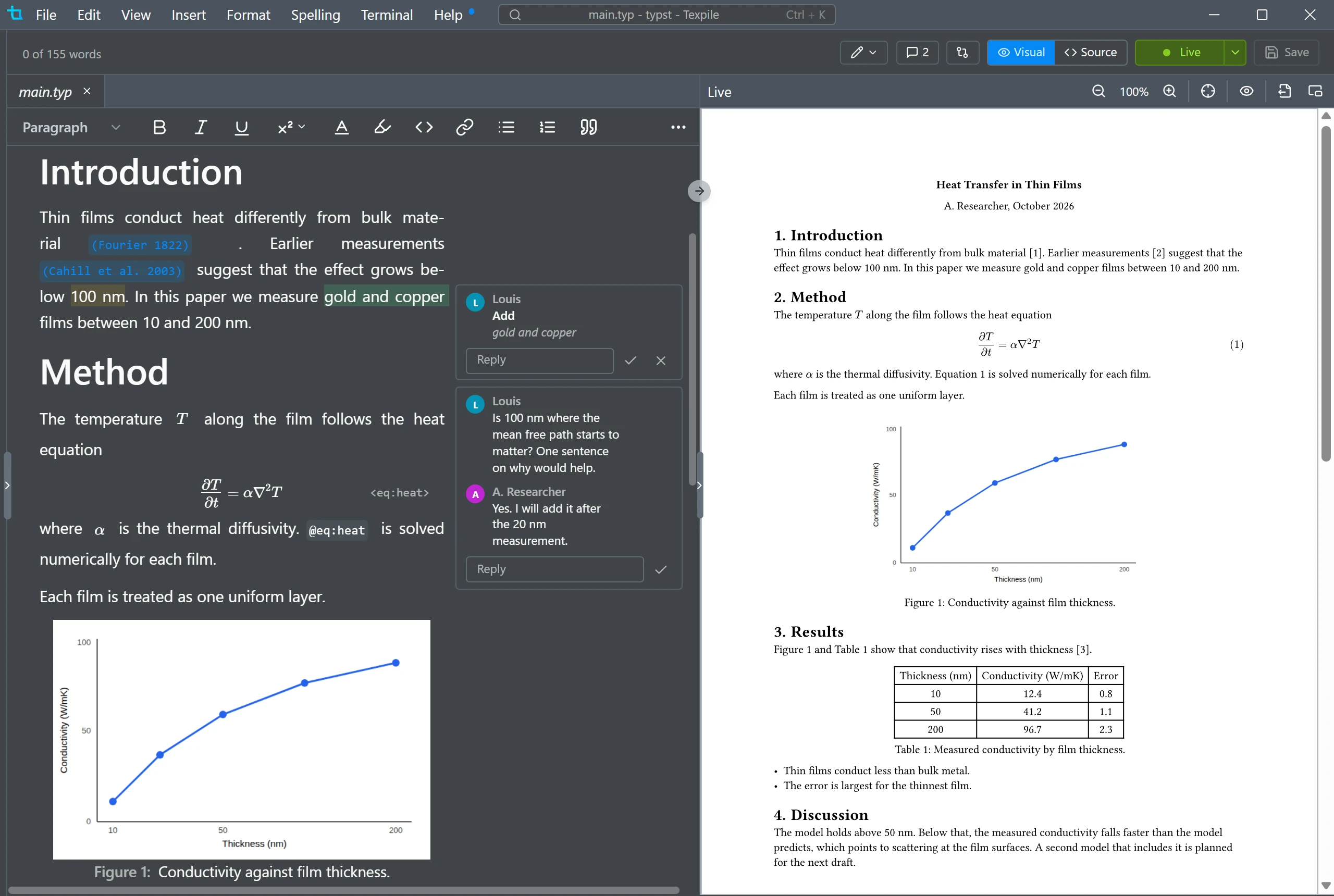 A comment thread and a suggested insertion beside the text, in the visual editor