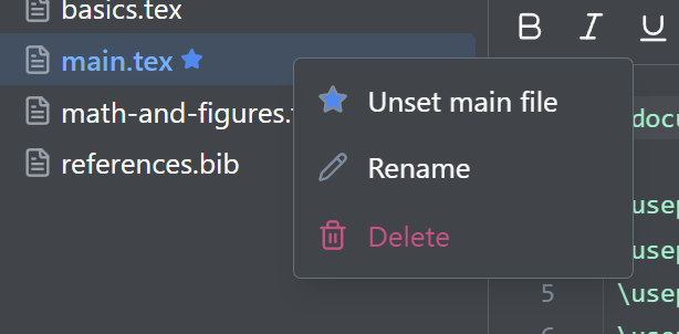 Right-clicking a file to set it as the main file, with the current main file starred