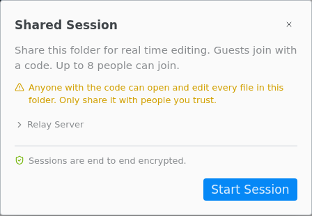 The Shared Session dialog before a session starts