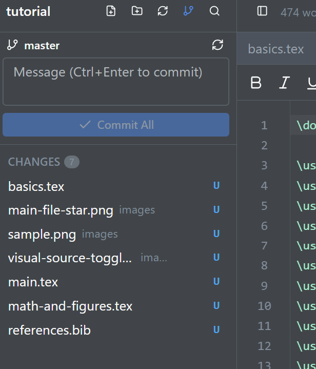 The Source Control panel: seven staged changes and a commit message box