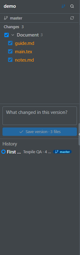 The Source Control panel: three changed files, the message box, Save version, and the history