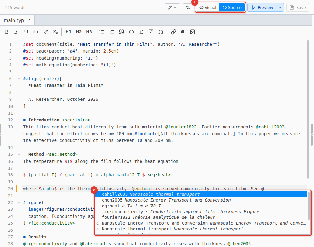 The source editor with labels and citation keys completing after @