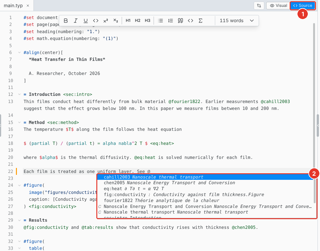 The source editor with labels and citation keys completing after @