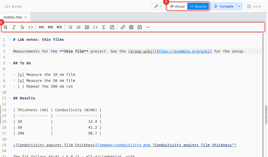 The source editor on a Markdown file, with its toolbar
