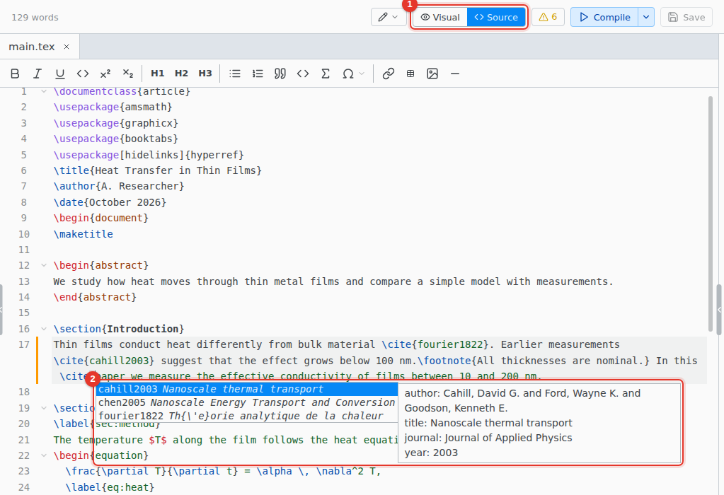 The source editor with citation keys completing after \cite{