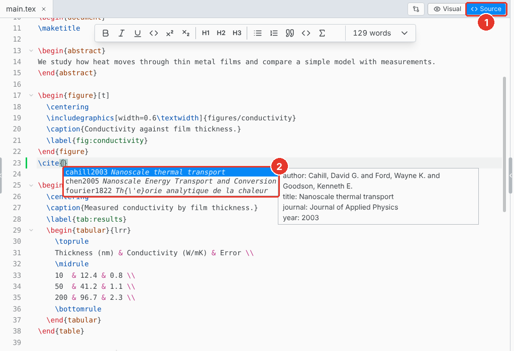 The source editor with citation keys completing after \cite{