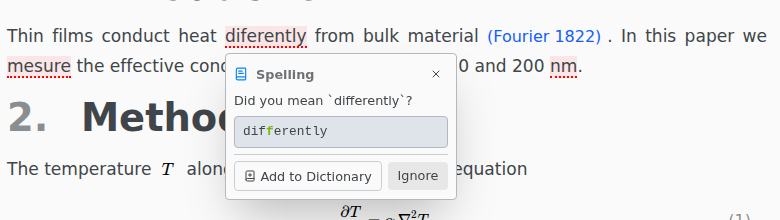 A suggestion box under the word diferently, offering differently, Add to Dictionary, and Ignore