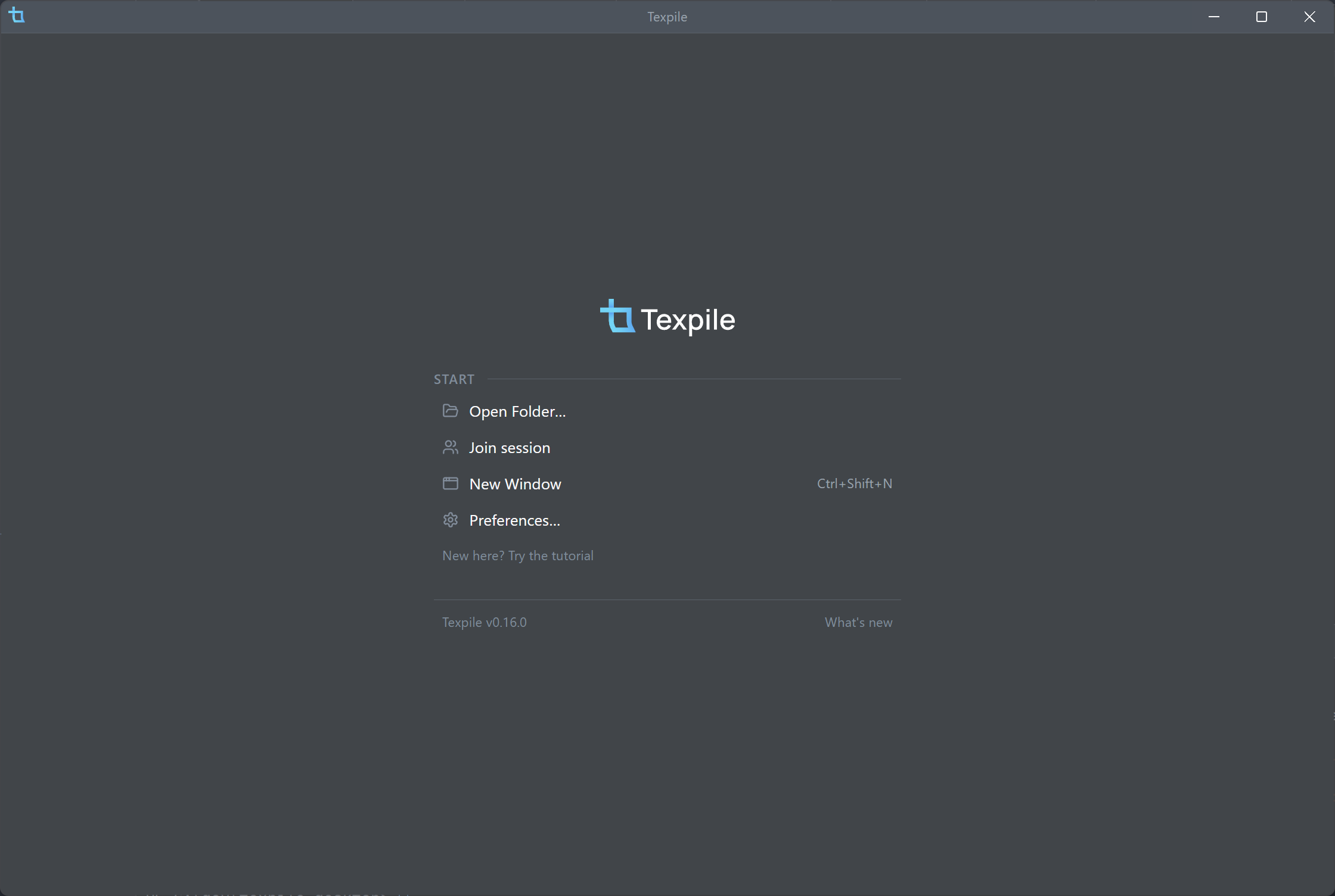 The start screen: Open Folder, Join session, New Window, and Preferences