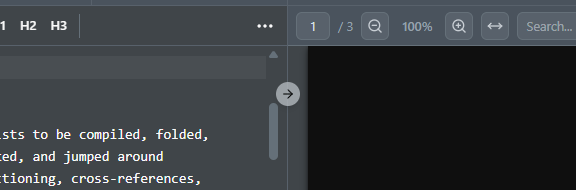 The sync-to-PDF arrow button on the divider between the source editor and the PDF