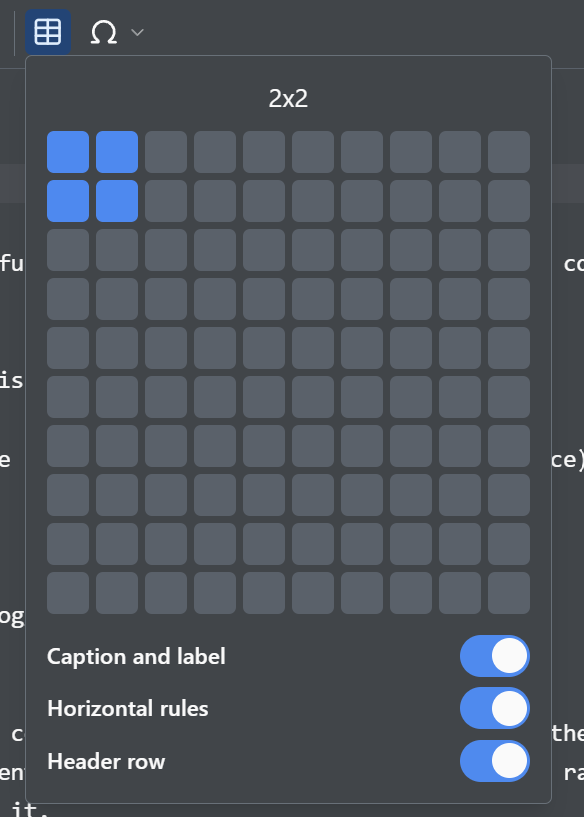 The source editor's table-insert grid, with caption, rules, and header-row toggles