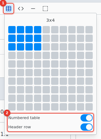 The table size grid under the toolbar's table button, with Numbered table and Header row on