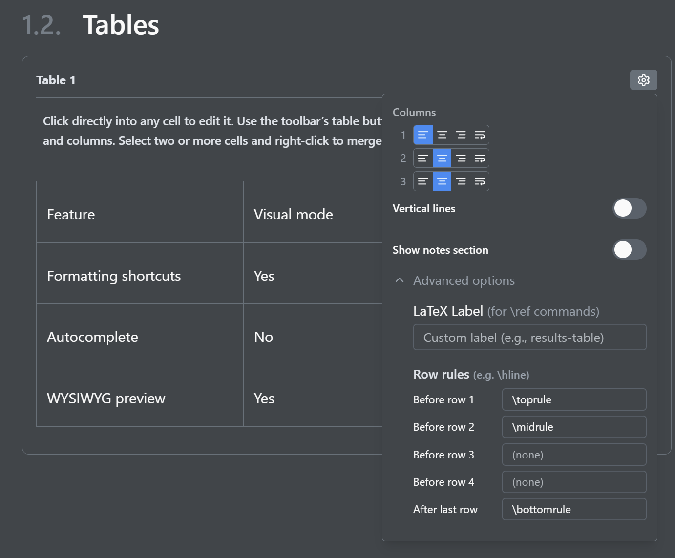 A table's settings panel: per-column alignment, vertical lines, a LaTeX label, and row rules