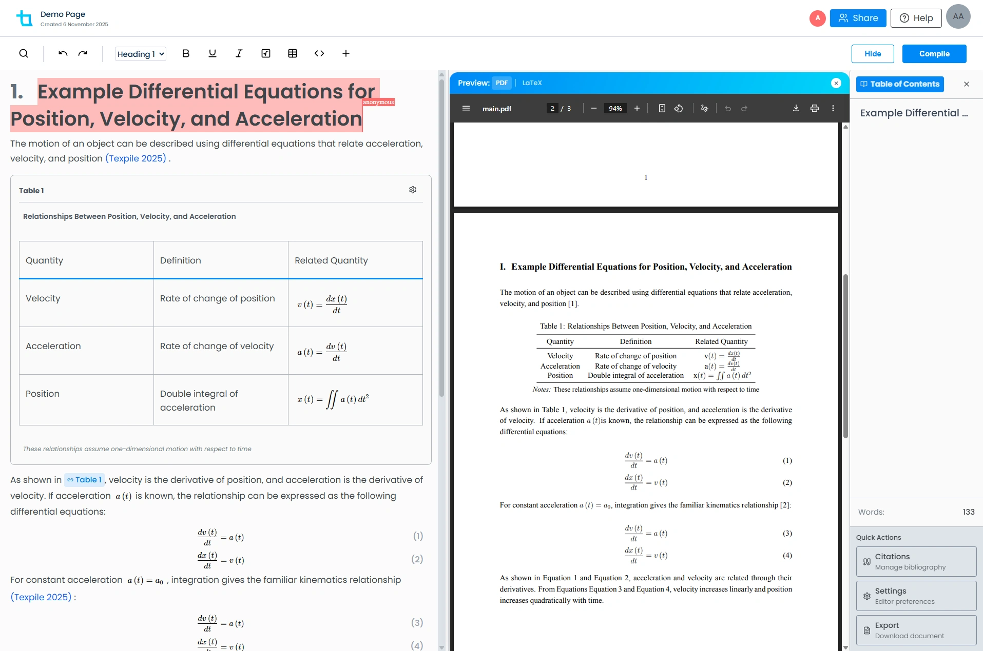 Texpile Editor Interface - WYSIWYM document editor showing markdown input and PDF output