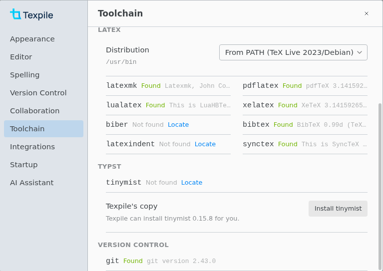 The lower part of the Toolchain tab with tinymist Not found, the Texpile's copy row with an Install tinymist button, and git Found