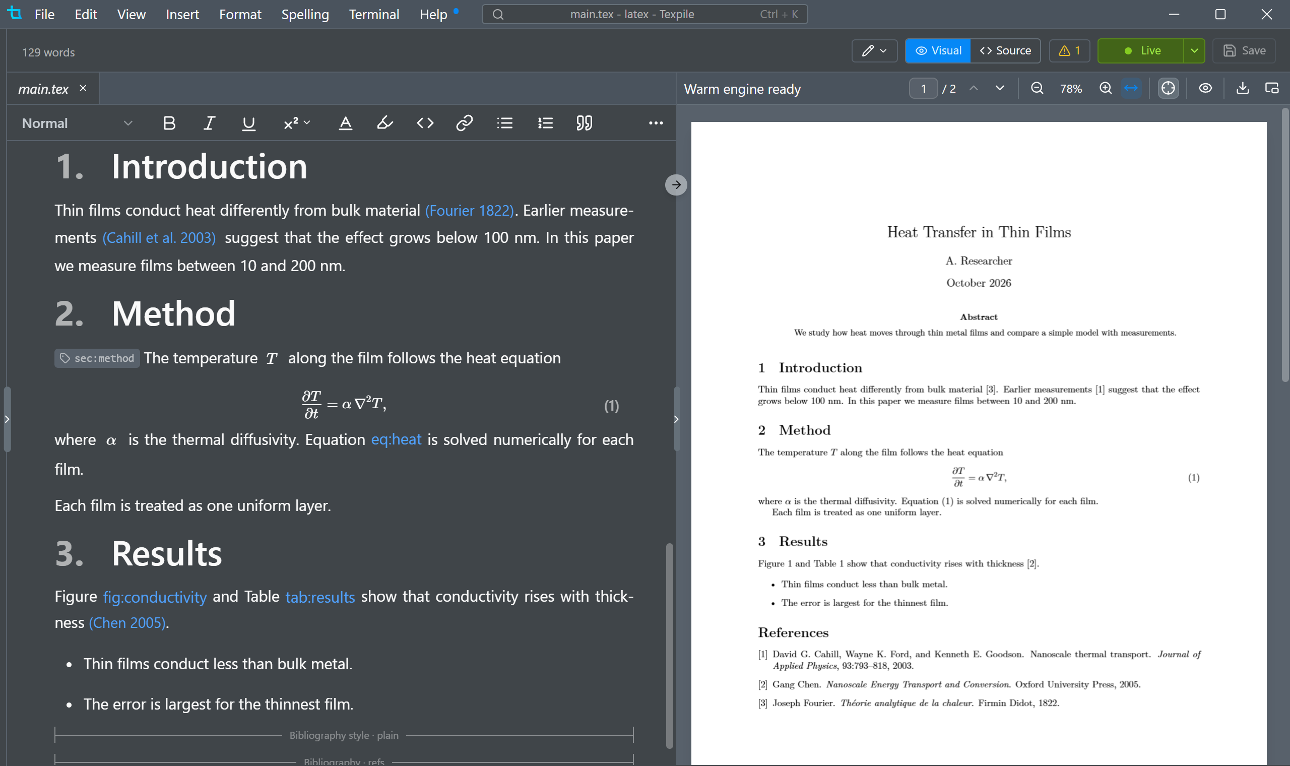Texpile editing a LaTeX paper, with the PDF preview beside it