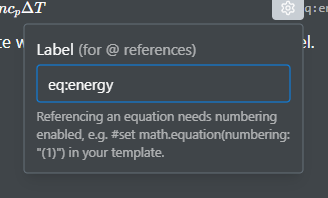 A Typst equation's settings: a Label field and a note that numbering comes from the document