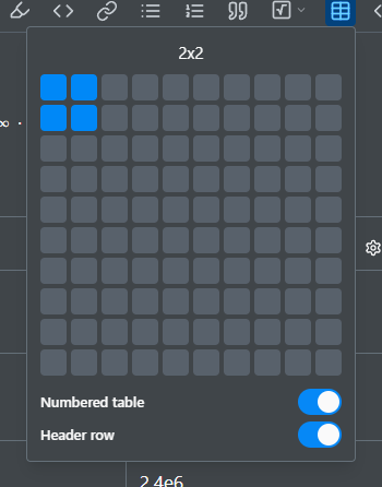 The Typst table picker, with the Numbered table and Header row switches