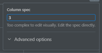 A Typst table's settings: the column spec as text, and Advanced options