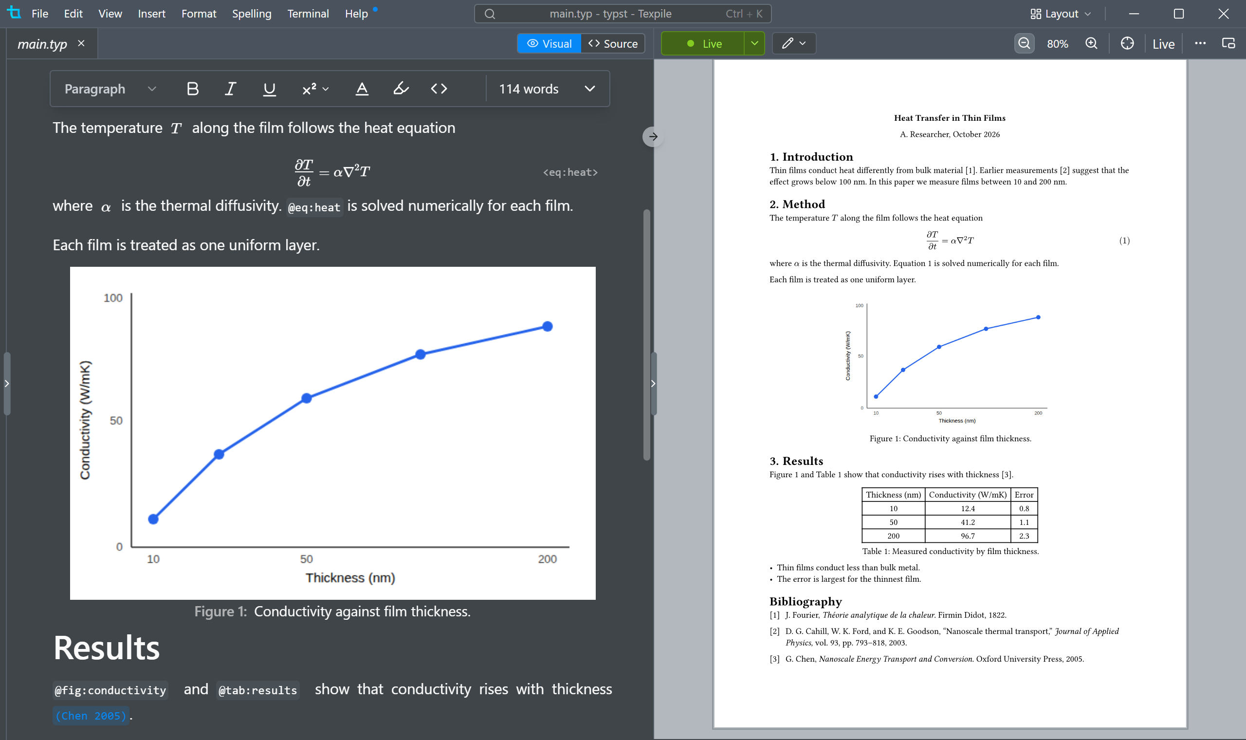 Texpile editing a Typst document, with the live preview beside it