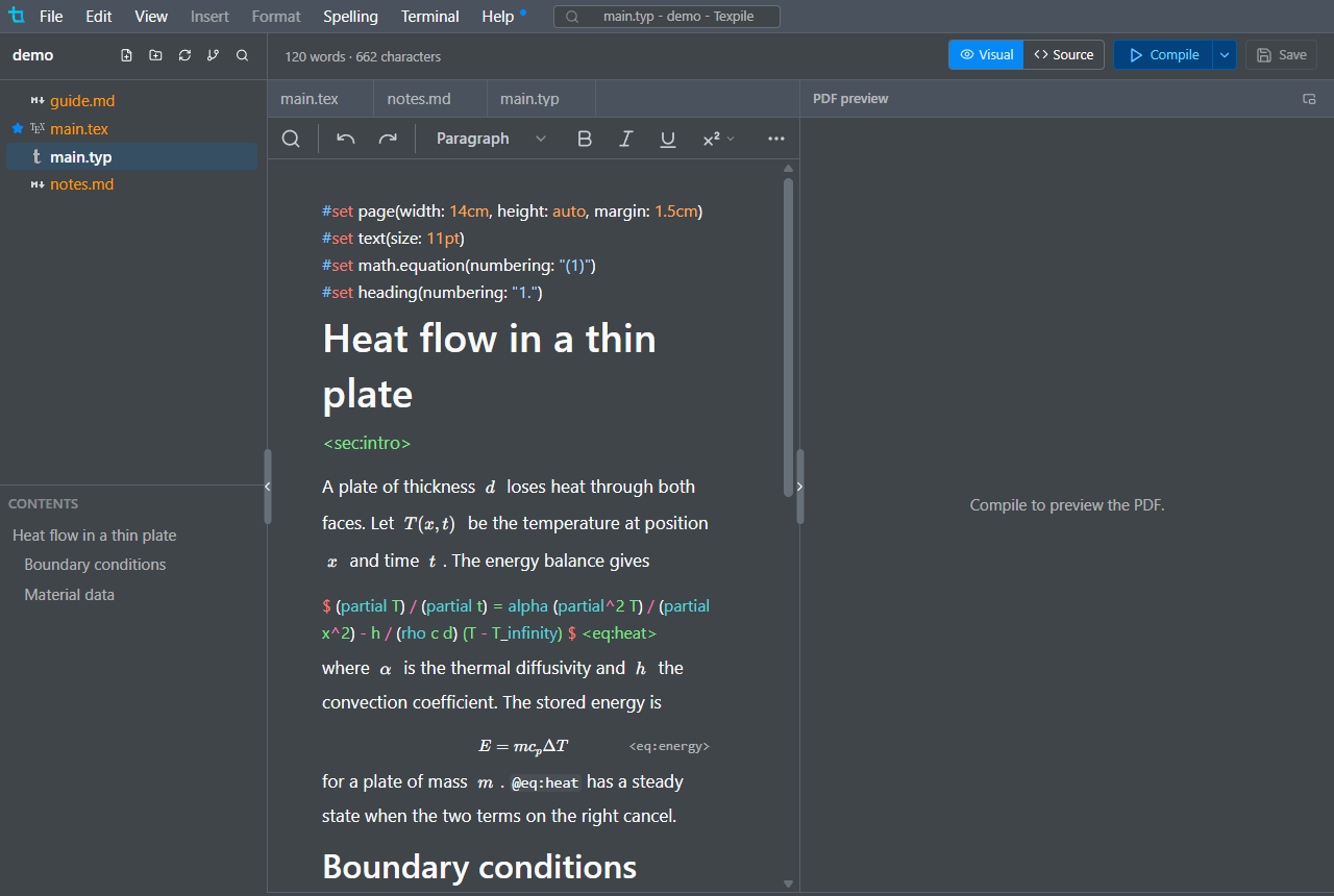A Typst document in the visual editor: headings with their labels, formatted text, and lists