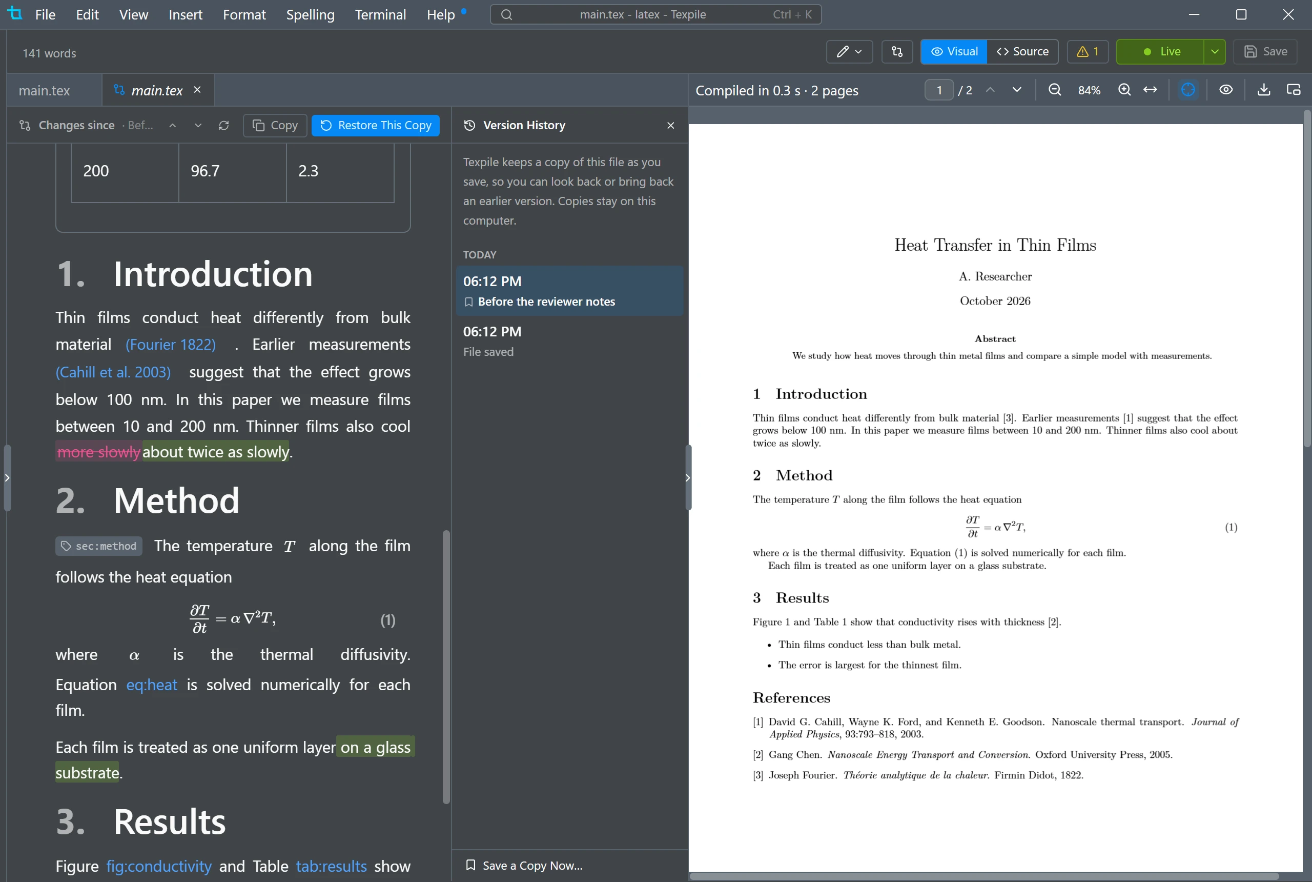 Version History beside the editor, comparing the file with a named copy