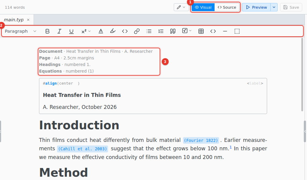 The visual editor on a Typst paper, with three parts marked