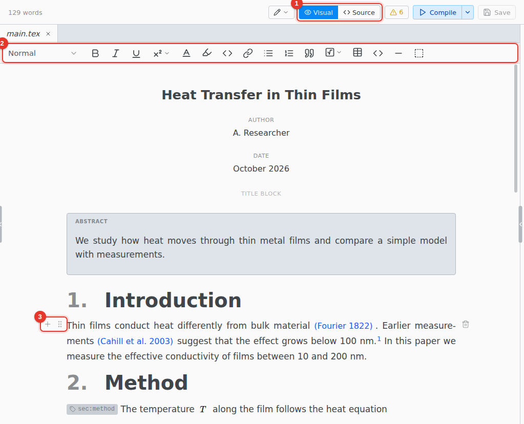 The visual editor on a LaTeX paper, with three parts marked