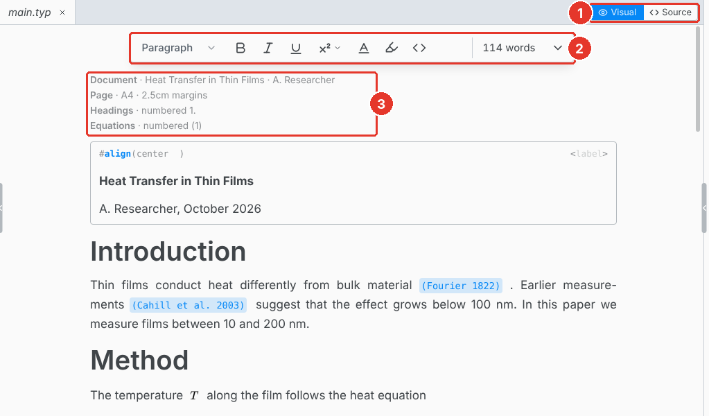 The visual editor on a Typst paper, with three parts marked