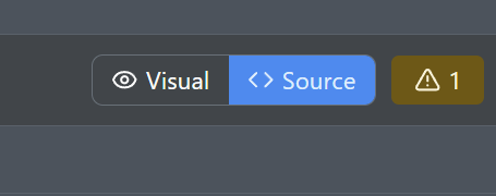 The Visual / Source toggle in the top right corner, with a compile-warning badge beside it